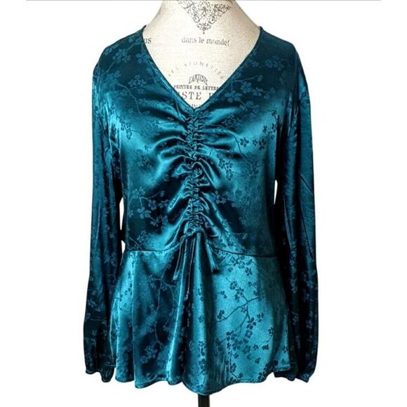 Maurices Womens Satin Peplum Blouse XL Teal Floral LS Adj Tie Front Elegant Chic - Picture 1 of 8
